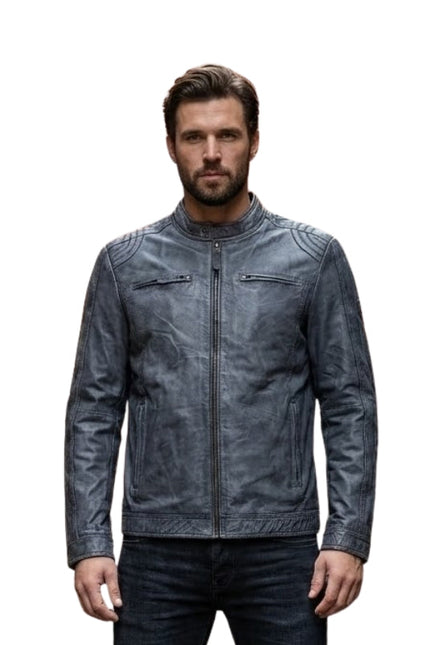 Man wearing a blue leather jacket on a white background