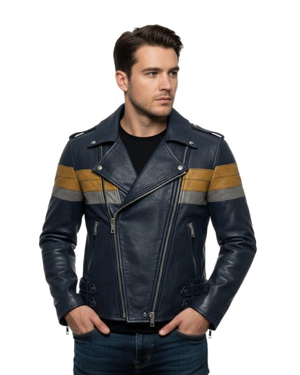 Man wearing a black leather jacket with yellow and gray stripes on a white background