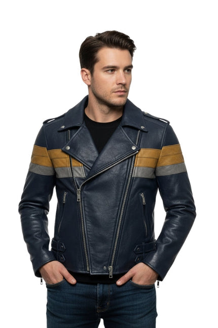 Man wearing a black leather jacket with yellow and gray stripes on a white background