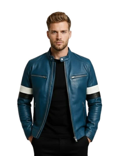 Men's Blue Leather Biker Jacket: 'WHAT?'