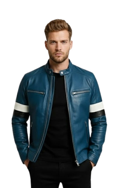 Men's Blue Leather Biker Jacket: 'WHAT?'