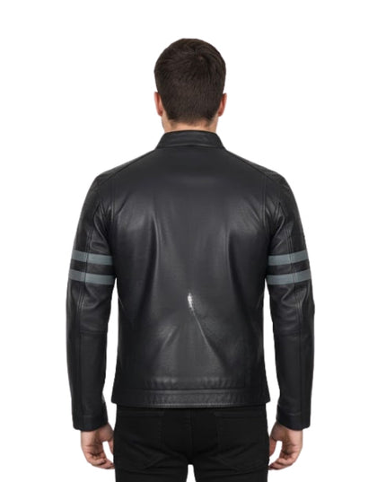 Black leather jacket with gray stripes on sleeves worn by a person on a white background