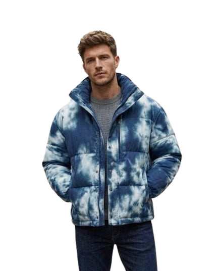 Man wearing a blue tie-dye jacket on a white background