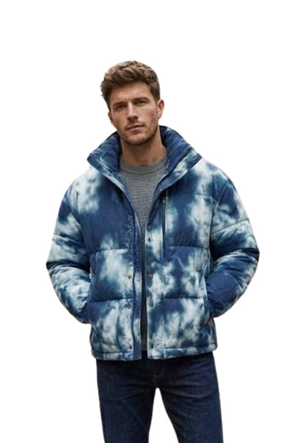 Man wearing a blue tie-dye jacket on a white background