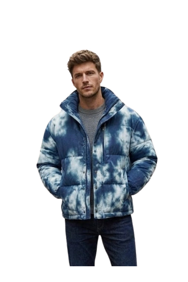 Man wearing a blue tie-dye jacket on a white background