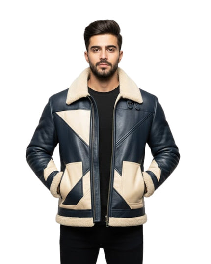 Man wearing a black and beige patterned jacket on a white background