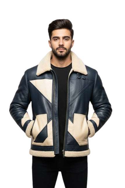 Man wearing a black and beige patterned jacket on a white background