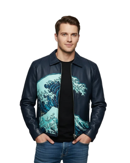 Man wearing a black leather jacket with a wave design on a white background
