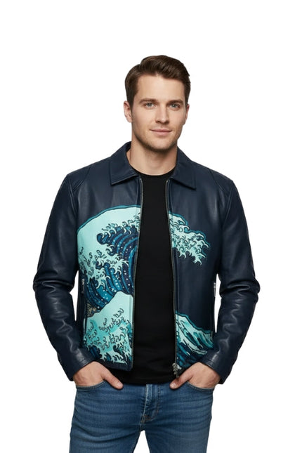 Man wearing a black leather jacket with a wave design on a white background