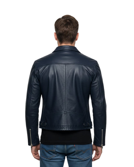 Man wearing a black leather jacket on a white background