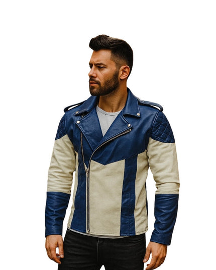 Man wearing a blue and beige leather jacket on a white background