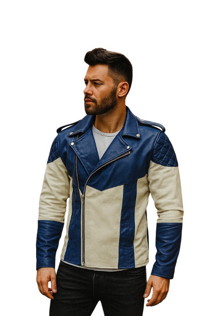 Man wearing a blue and beige leather jacket on a white background