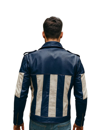 Man wearing a blue and beige leather jacket with a white background
