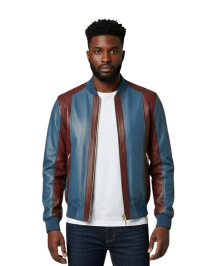 Man wearing a blue and brown leather jacket on a white background