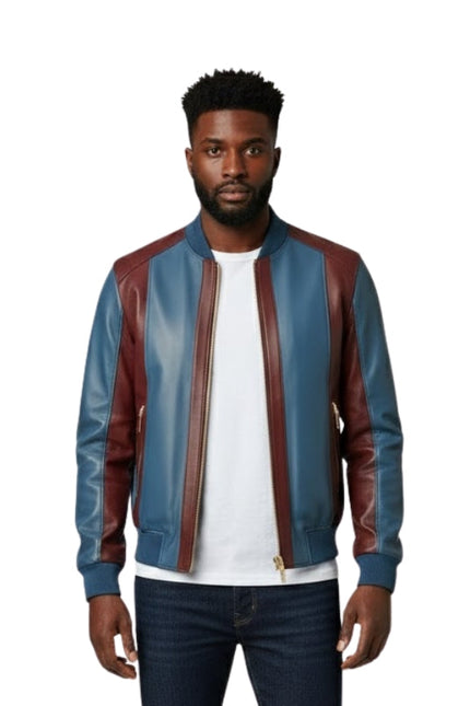 Man wearing a blue and brown leather jacket on a white background