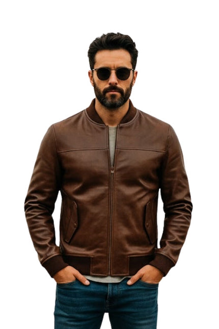 Man wearing a brown leather jacket and sunglasses on a white background