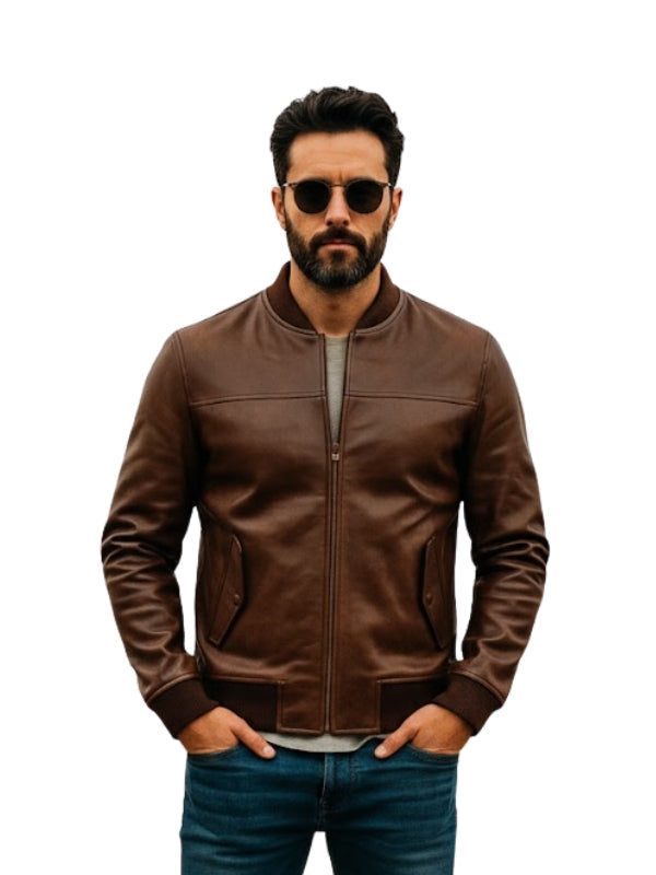 Man wearing a brown leather jacket and sunglasses on a white background