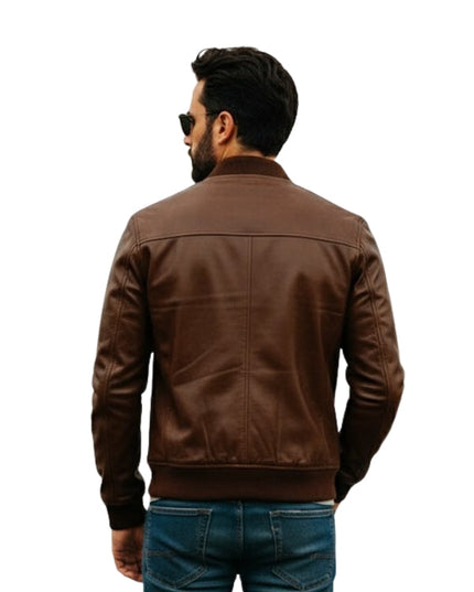 Man wearing a brown leather jacket on a white background