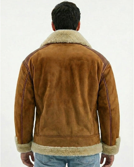 Brown suede jacket with beige shearling lining worn by a person on a white background