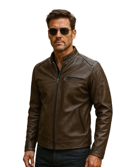Man wearing a brown leather jacket and sunglasses on a white background
