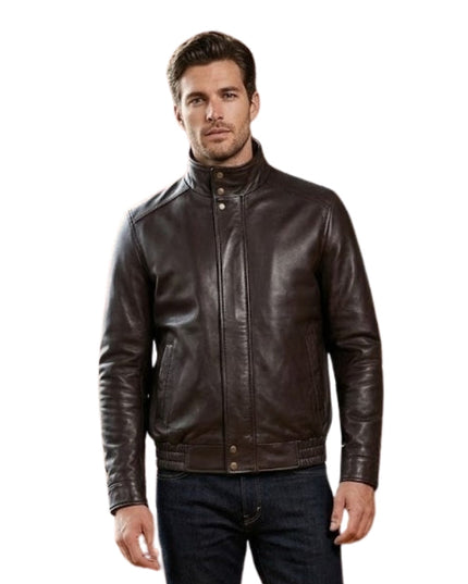 Man wearing a brown leather jacket on a white background