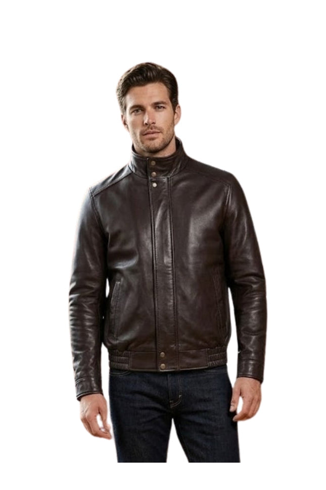Man wearing a brown leather jacket on a white background