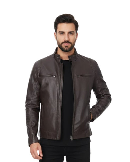Man wearing a brown leather jacket on a white background