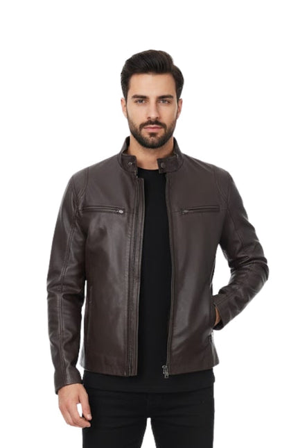 Man wearing a brown leather jacket on a white background