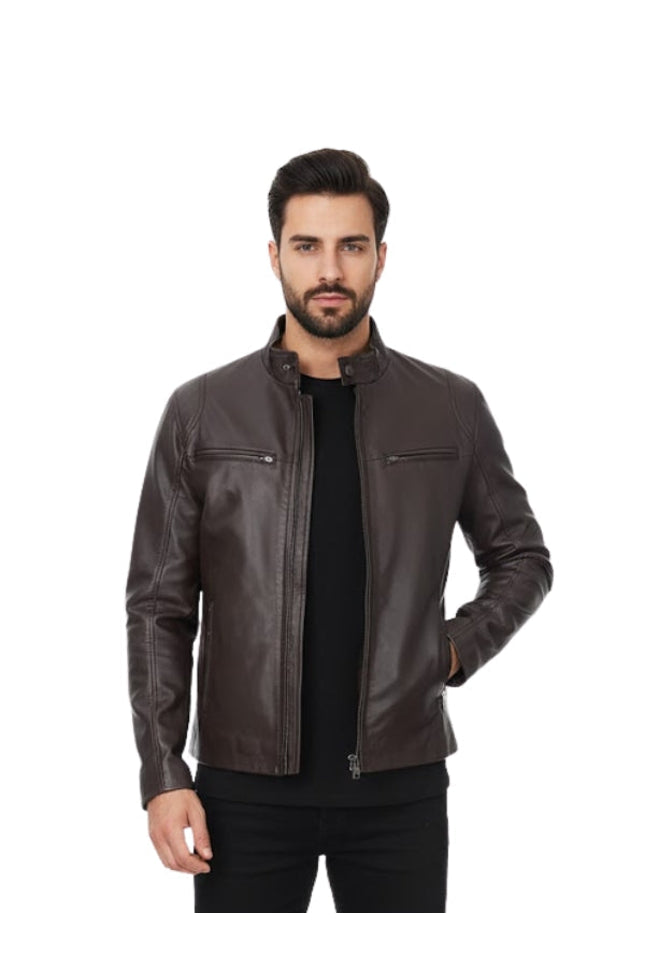 Man wearing a brown leather jacket on a white background