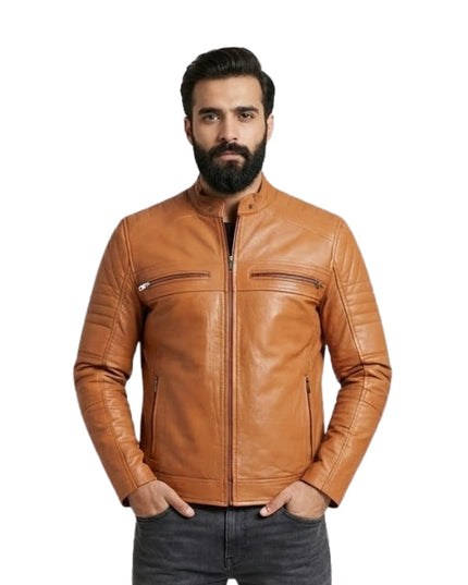 Man wearing a brown leather jacket on a white background
