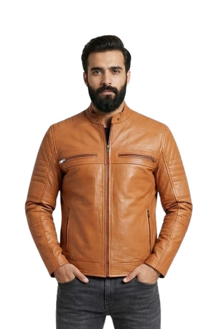 Man wearing a brown leather jacket on a white background