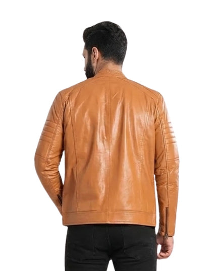 Man wearing a tan leather jacket on a white background