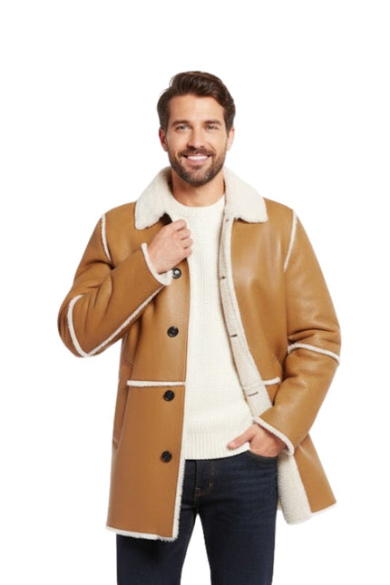 Men's Brown Camel Fur Style Collar Real Shearling Leather Coat