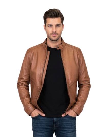 Men's Brown Classic Casual Genuine Retro Biker Jacket