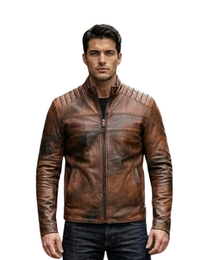 Man wearing a brown leather jacket on a white background