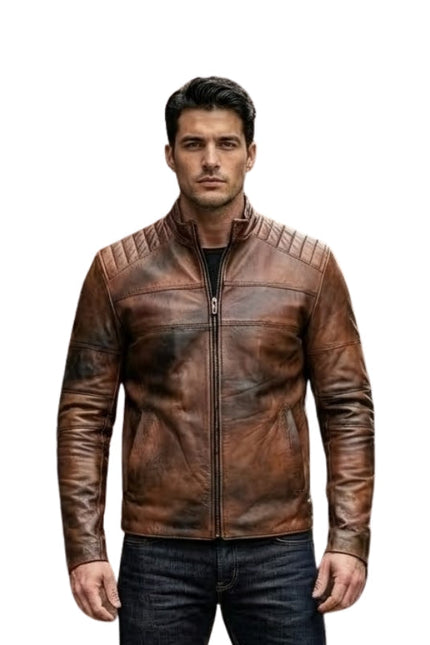 Man wearing a brown leather jacket on a white background