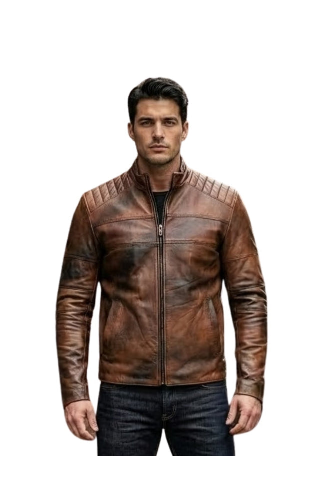 Man wearing a brown leather jacket on a white background
