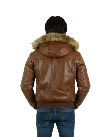 Men's Brown Fashion Stylish Hooded Puffer Retro Aviator Motorcycle Jacket