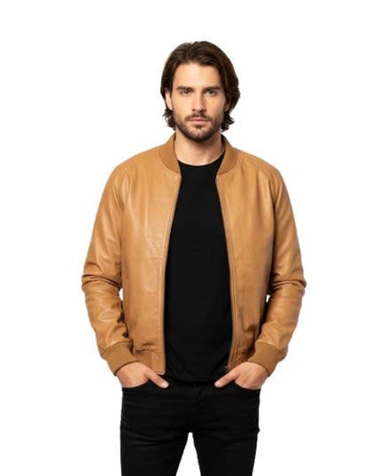Men's Brown Genuine Sheepskin Motorcycle Bomber Jacket