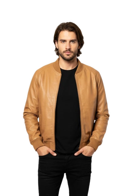 Men's Brown Genuine Sheepskin Motorcycle Bomber Jacket