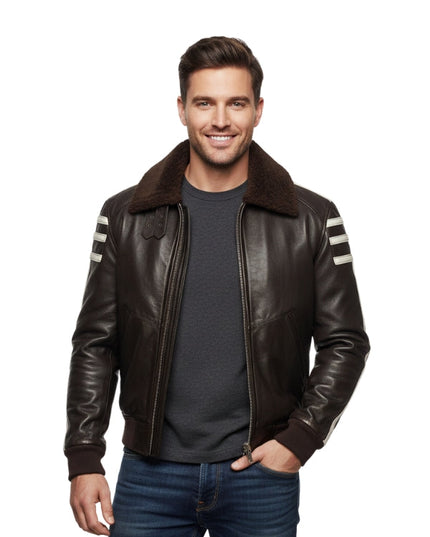 Man wearing a brown leather jacket with fur collar on a white background
