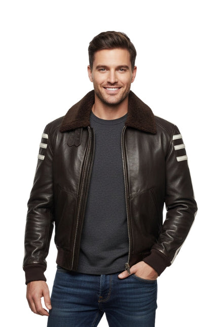 Man wearing a brown leather jacket with fur collar on a white background