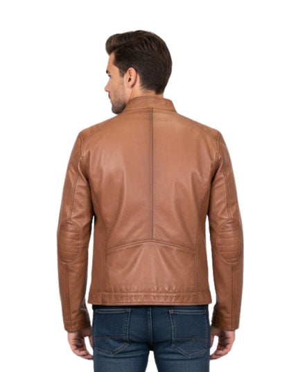 Man wearing a brown leather jacket on a white background