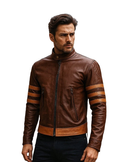 Man wearing a brown leather jacket with striped sleeves on a white background