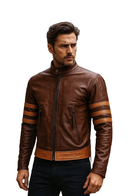 Man wearing a brown leather jacket with striped sleeves on a white background
