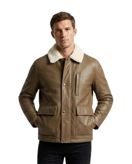 Man wearing a brown leather jacket with white fur lining on a white background