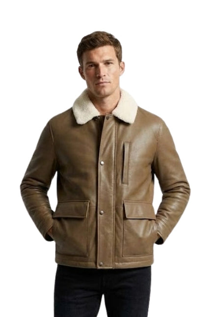Man wearing a brown leather jacket with white fur lining on a white background
