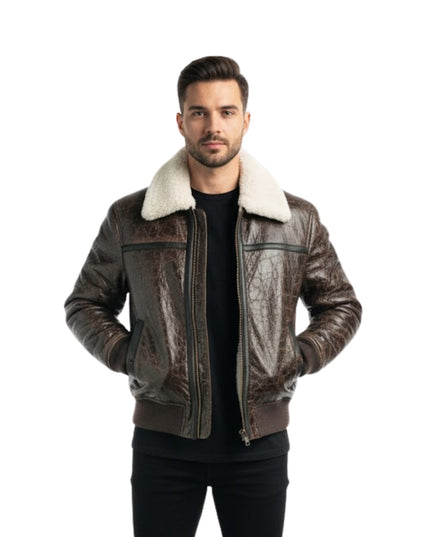 Men's Brown Shearling Raf Aviator Bomber Leather Jacket