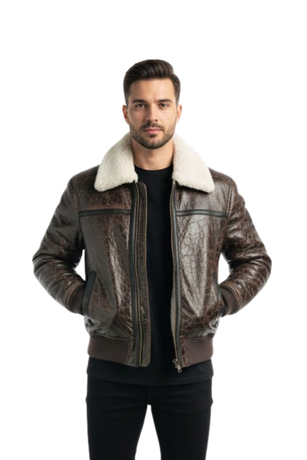 Men's Brown Shearling Raf Aviator Bomber Leather Jacket