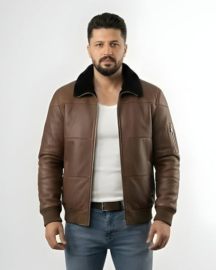 Men's Brown Sheepskin Leather Aviator Bomber Jacket